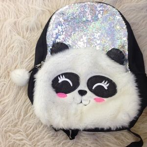 Panda sequin backpack fuzzy school bag